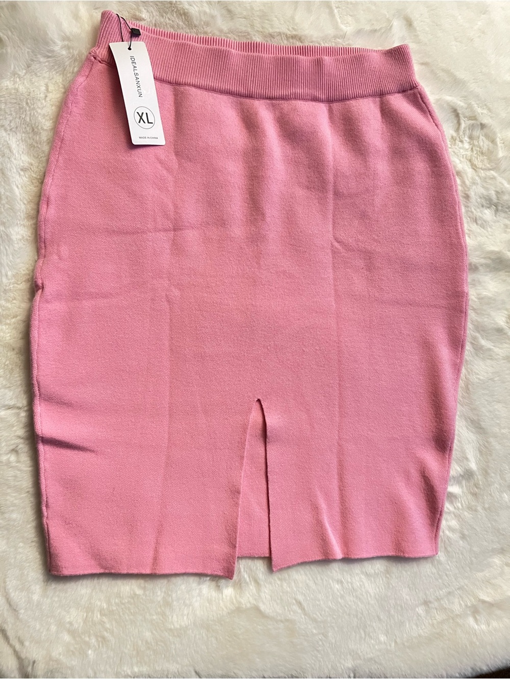 NWT Pink Knit Pencil Skirt XL – Stretch Ribbed Waist Midi Skirt with Front Slit